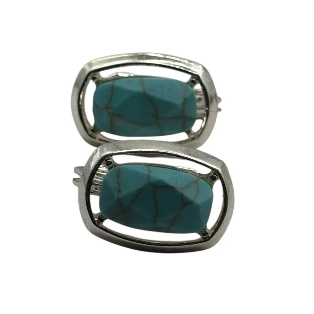 Faux Turquoise Clip On Earrings Silver‎ Tone Vintage TJG The Jewelry Group Open